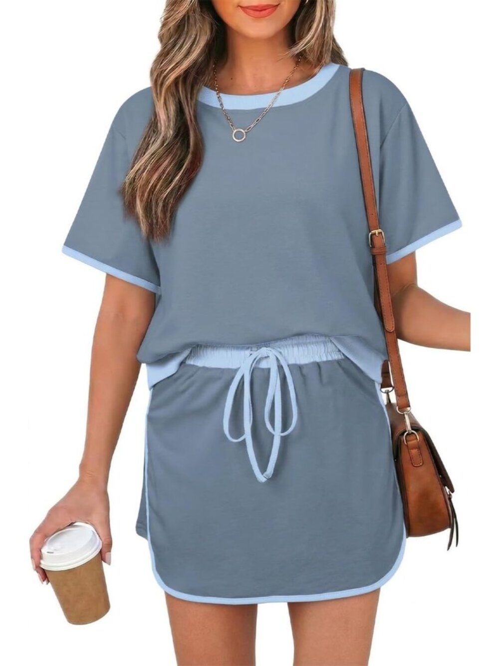 〽️Women's Shorts Set Gray Blue Short Sleeve Top Drawstring Skort Matching Outfit